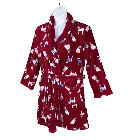 Dearfoams NWT L/XL Fleece Kimono Robe Pug Dog Print Snuggly Buddy Cozy Lounge - Picture 4 of 15